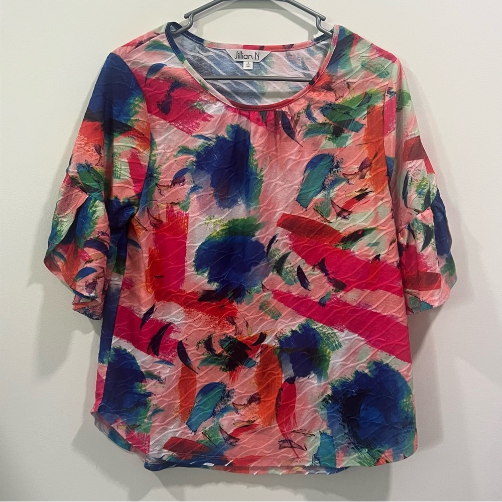 Pink and Blue Relaxed Blouse with 3/4 Sleeves! Small Jillian N blouses!